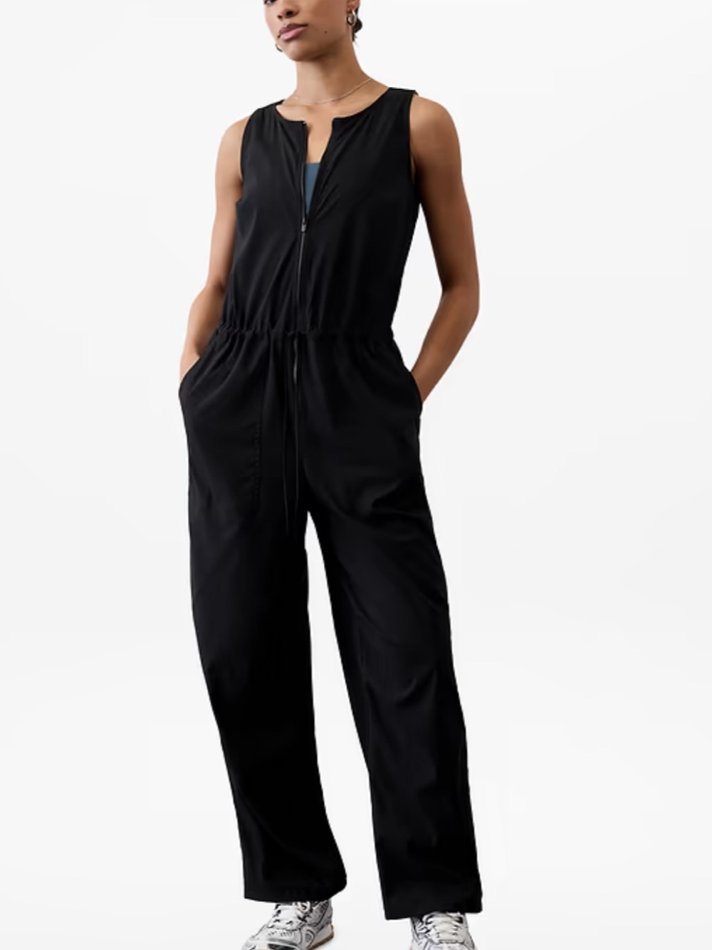 Athleta Flex Black Sleeveless Zip-Front Drawstring Jumpsuit
